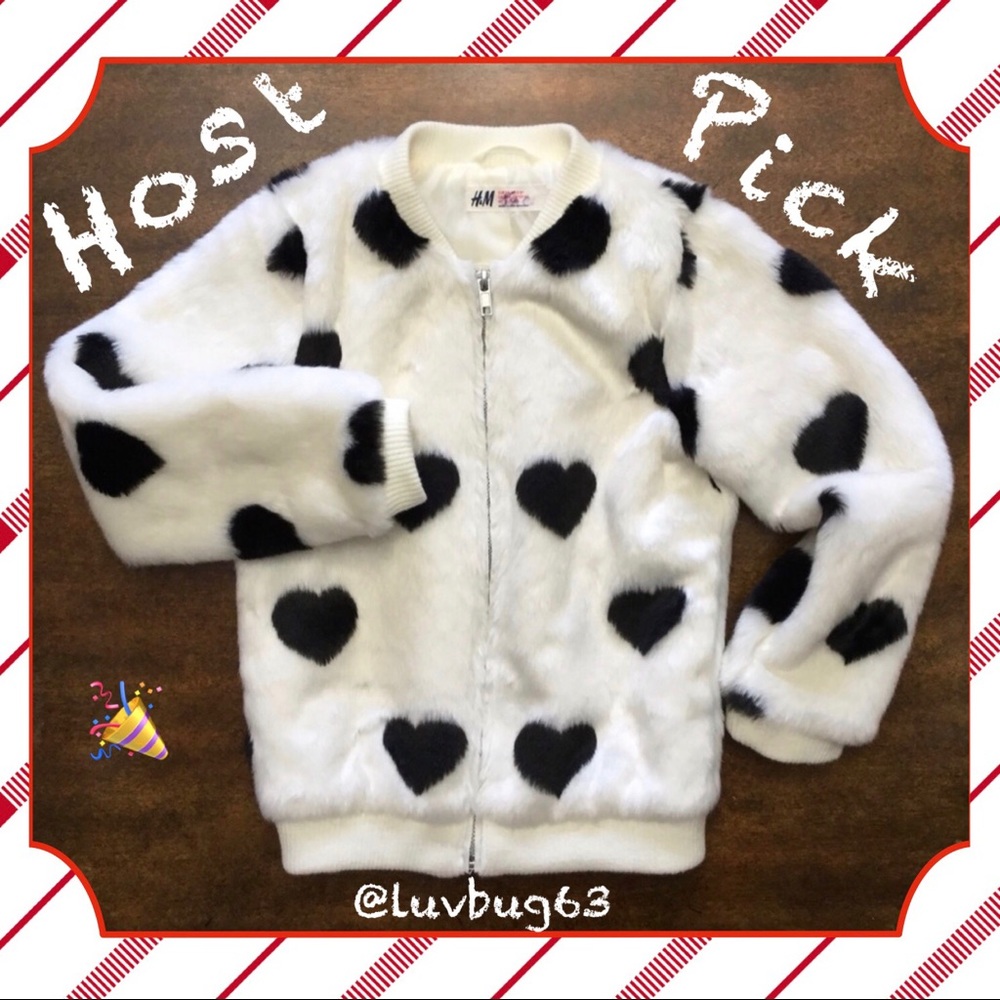 H&M White Faux Fur Jacket with Black Hearts!